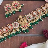 Premium Lakshmi Flower High Neck Choker-Green Bead-Pearl-G14178